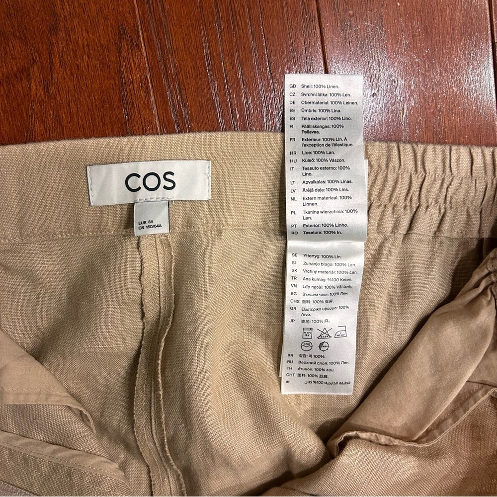 COS 100% LINEN WIDE-LEG TROUSERS color khaki EU34 US 4 adjustable waist pockets - Picture 4 of 9